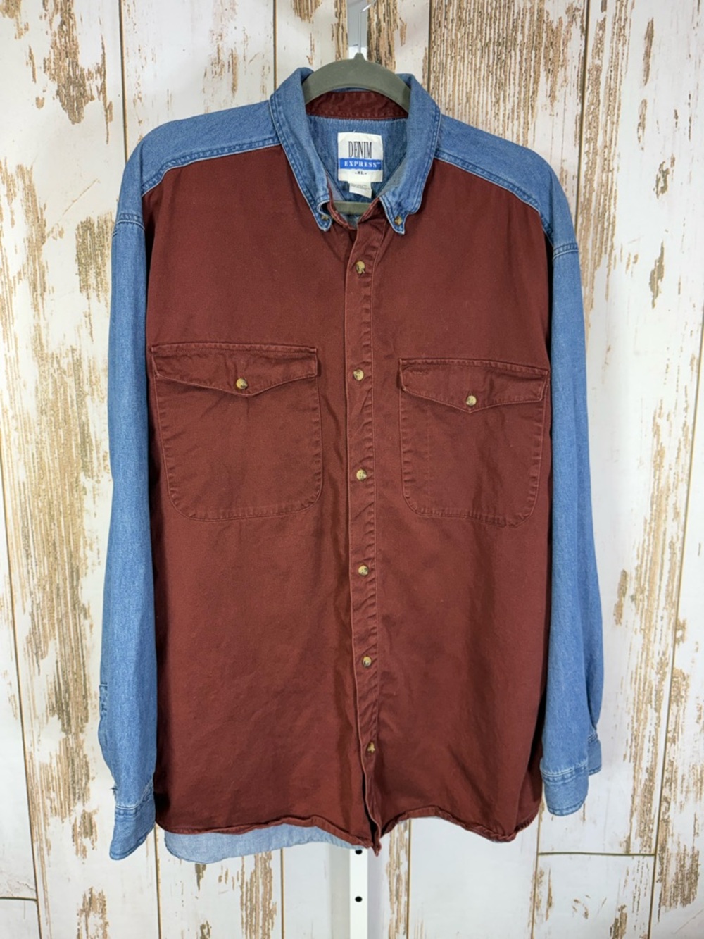 Denim Express Two-Tone Button-Down Shirt in Maroon and Light Blue Denim. Size XL